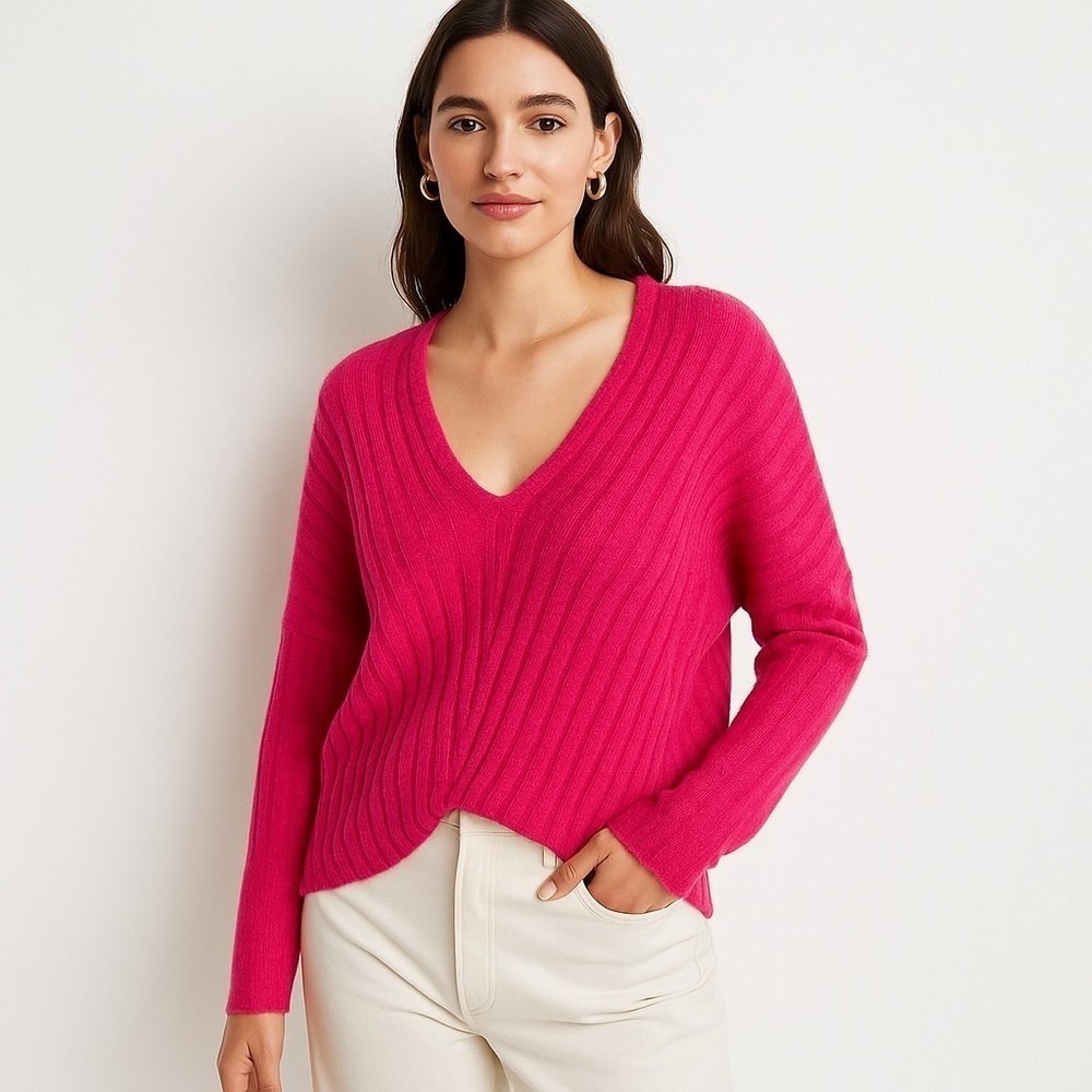 Anthropologie Pilcro Ribbed Wool Blend V Neck Sweater Hot Pink Barbiecore L